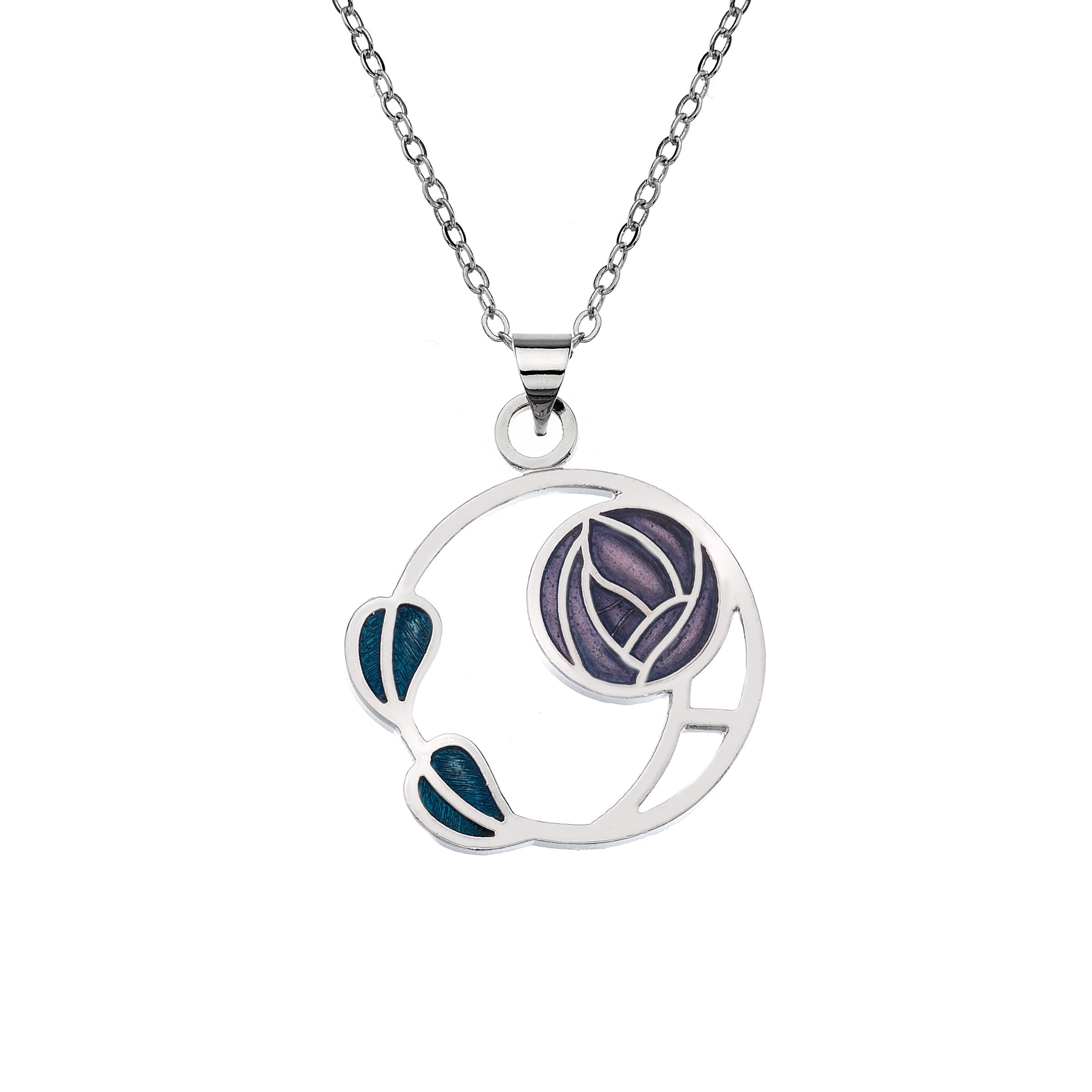 Purple Mackintosh Rose and Leaves Necklace